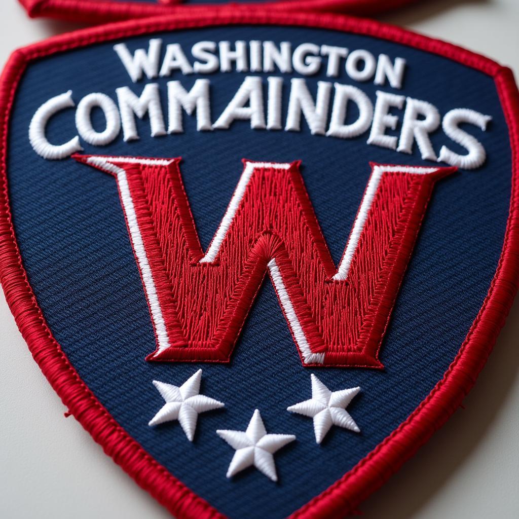 Close-up view of a Washington Commanders patch showcasing its intricate details and vibrant colors.