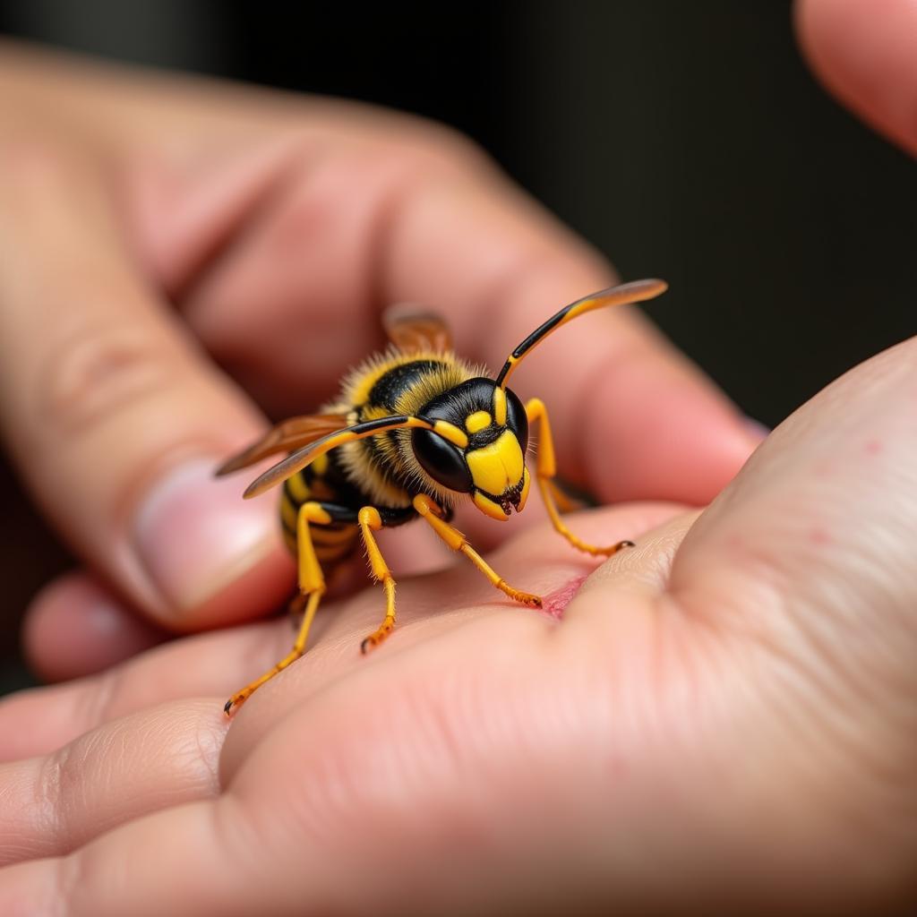 Wasp Stinging a Human Hand