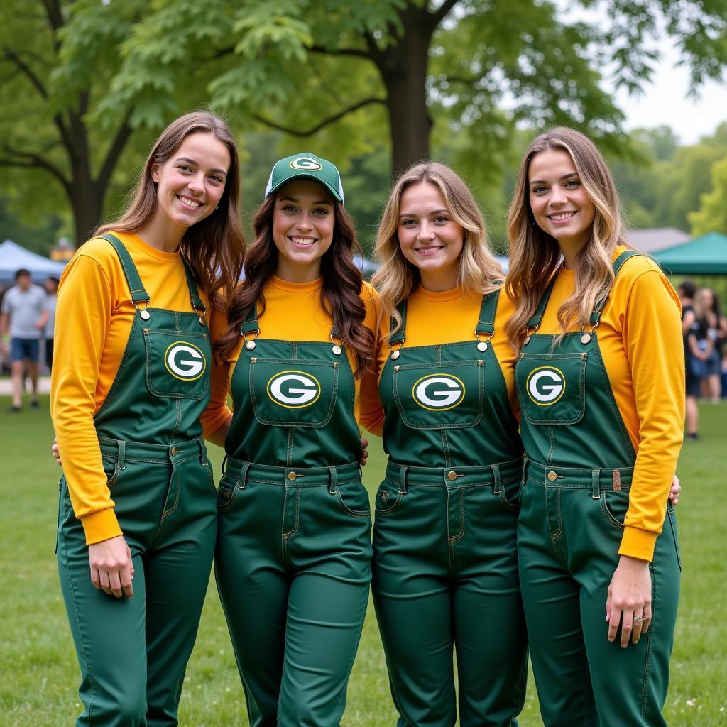 A group of friends wearing Green Bay overalls during a casual outing.