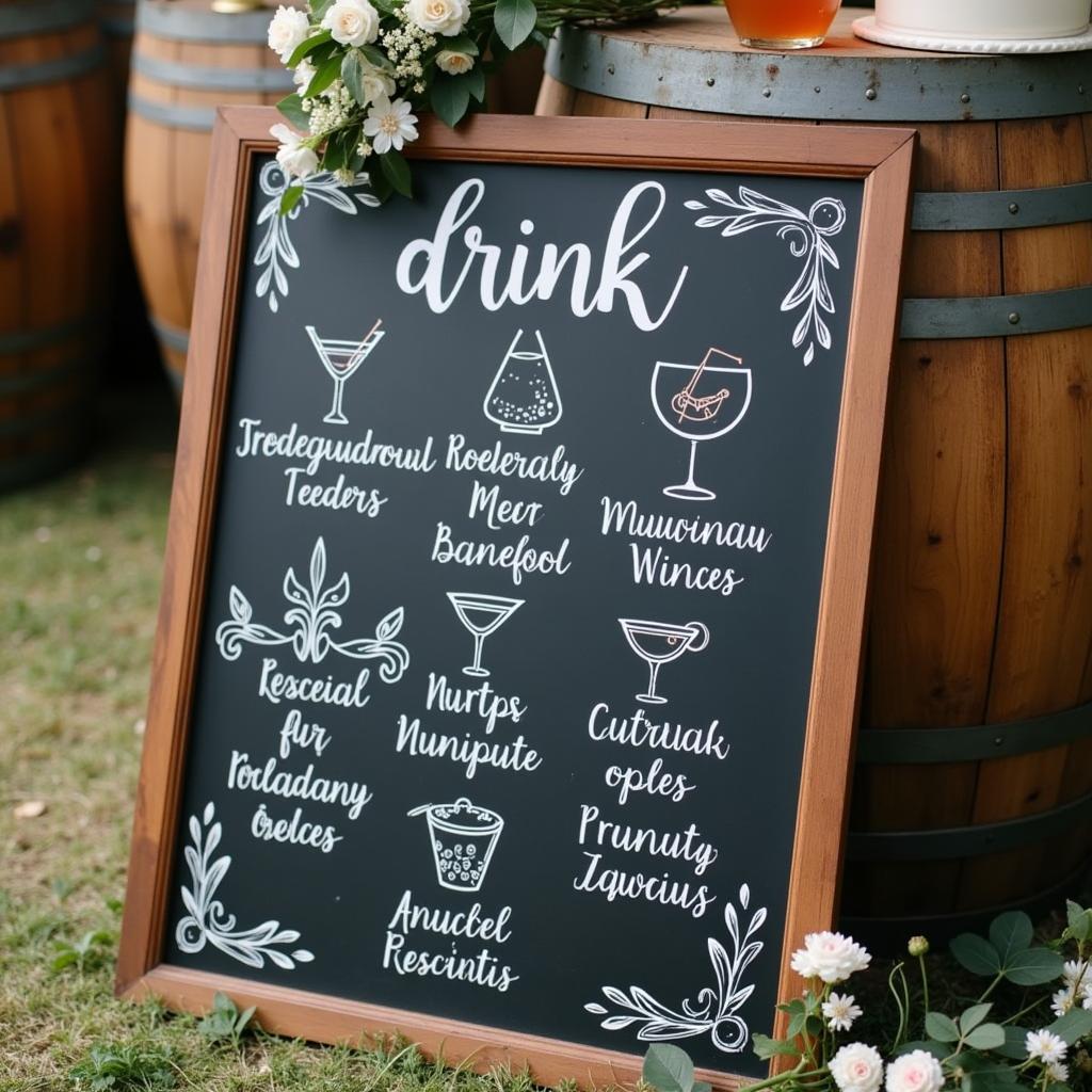 Rustic chalkboard wedding drink sign with calligraphy and floral accents.