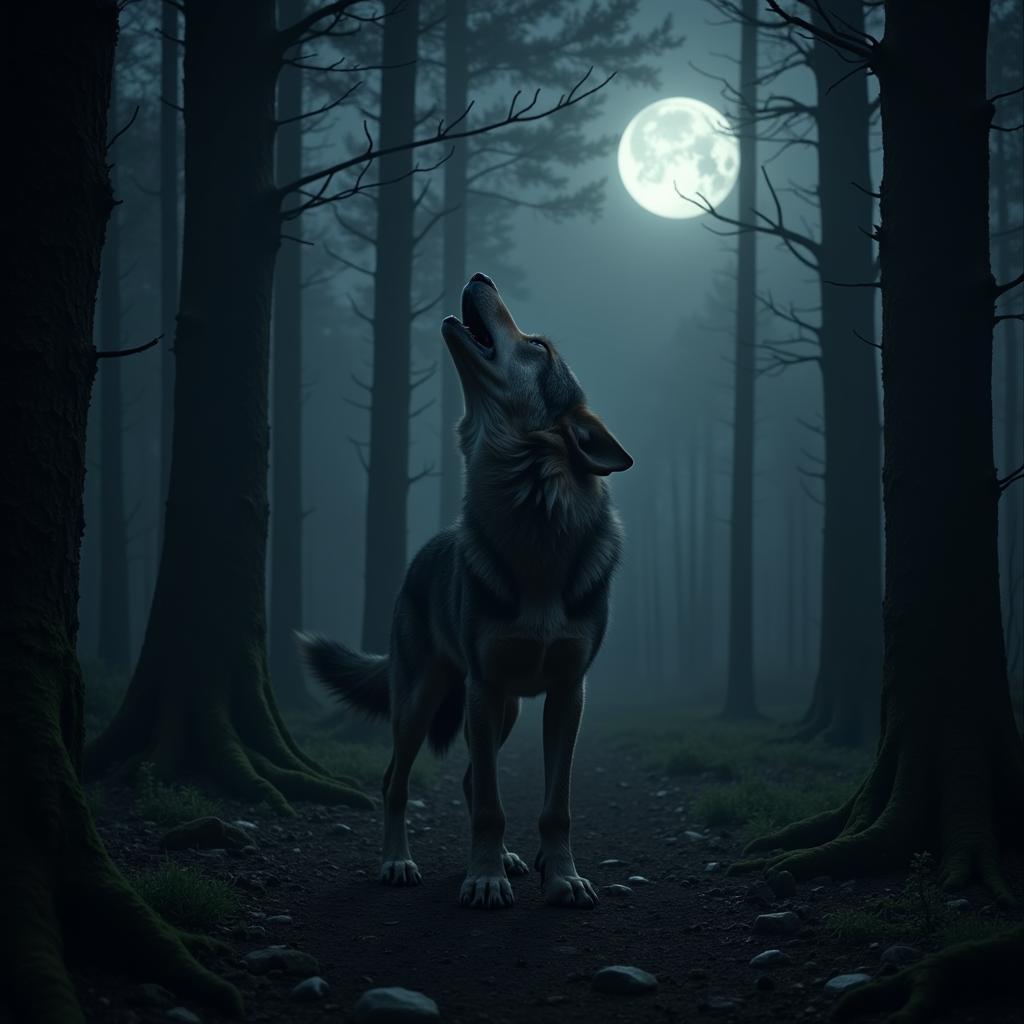 A lone werewolf howling at the moon in a dark forest