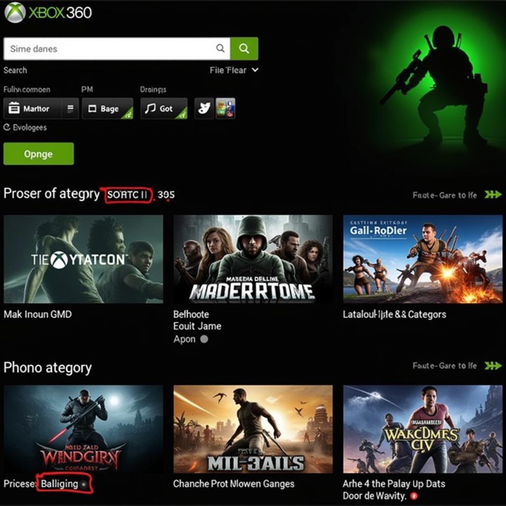 Screenshot of the Xbox 360 marketplace interface showing the search bar and game categories.